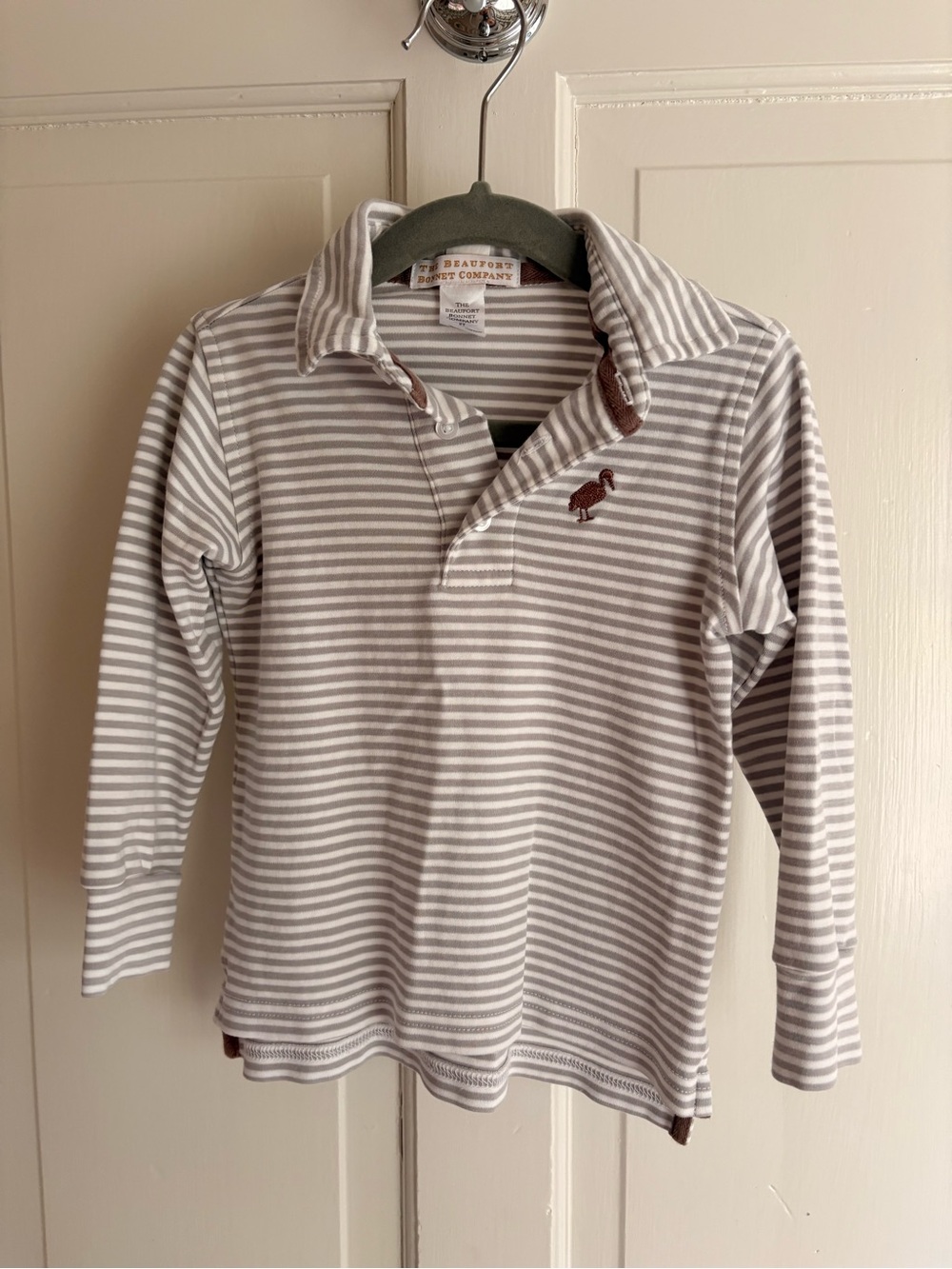 TBBC Long Sleeve Prim & Proper Polo Shirt, Gray Bay Brown Stripe — 2T
